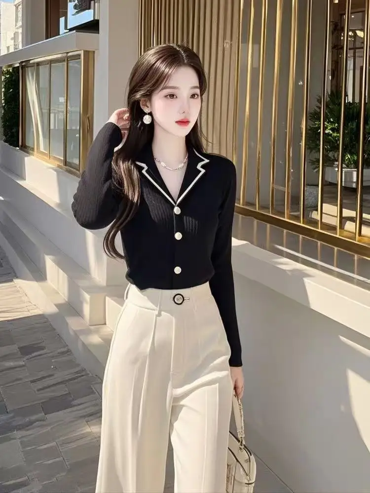 2pcs Autumn New Elegant Office Lady Outfits Fashion Lapel Wool Knit Cardigan + High Waist Wide Leg Pants 2-Piece Set For Women