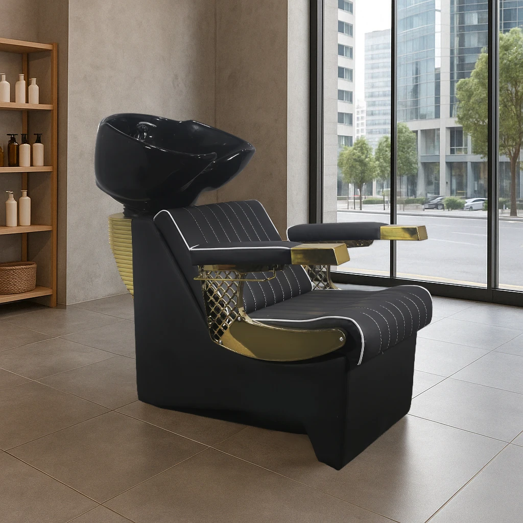 Luxury Shampoo Bed with Black Ceramic Sink and Gold Accents, Salon Hair Washing Chair with Armrest Tray for Barber Spa Use