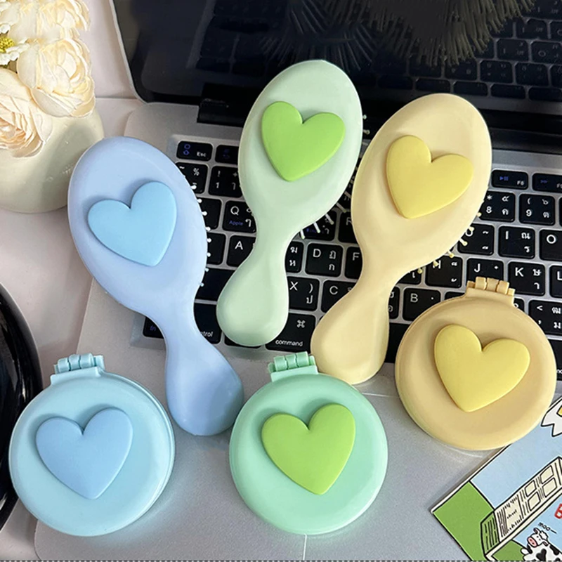 Heart Comb 2 In 1 Mini Portable Folding Comb Mirror Cute Air Cushion Bling Cosmetic Travel Pocket Hair Brush Makeup Tool Gift