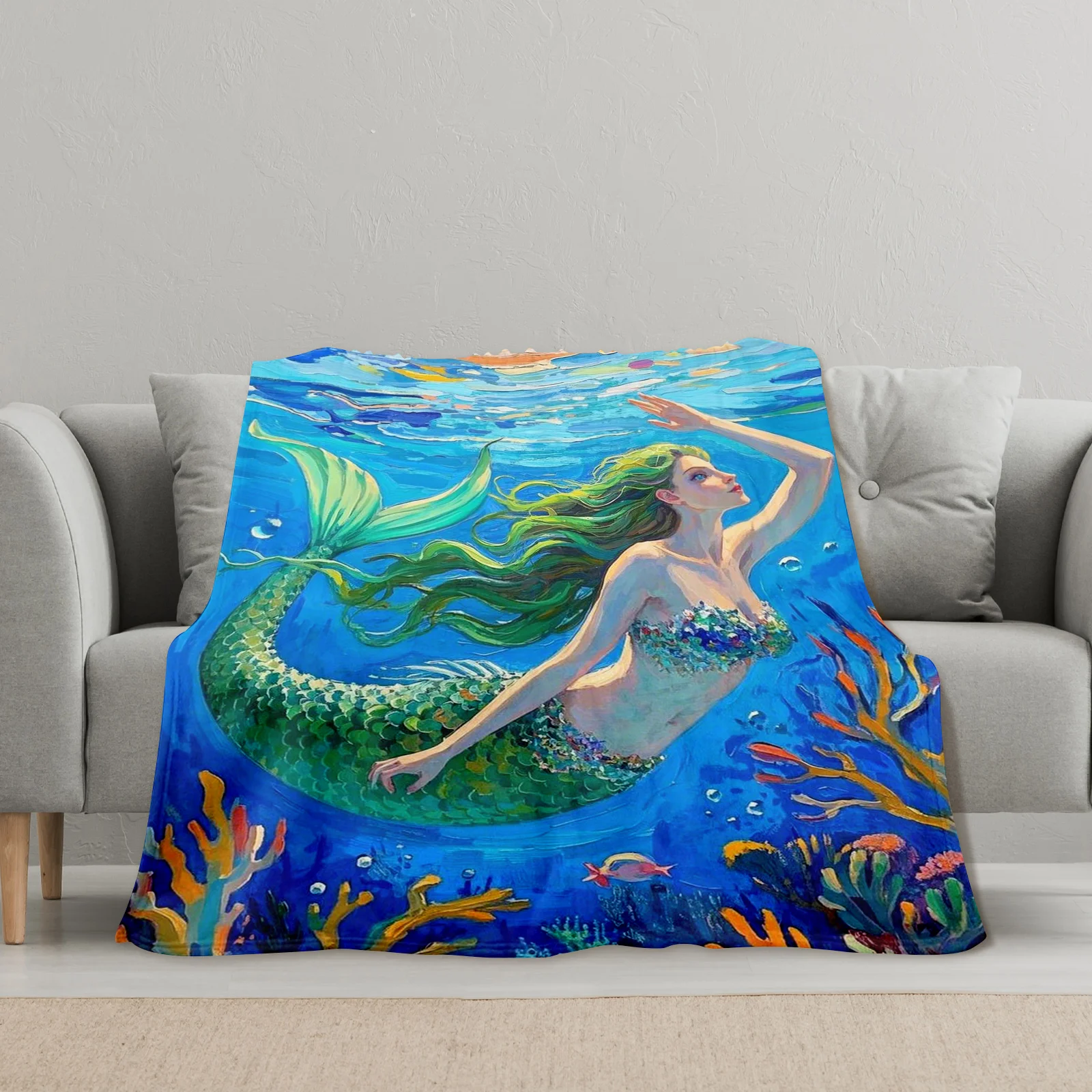 Diseño de sirena y algas marinas en manta verde y azul para decoración temática del océano y regalo único para adultos y entusiastas del mar