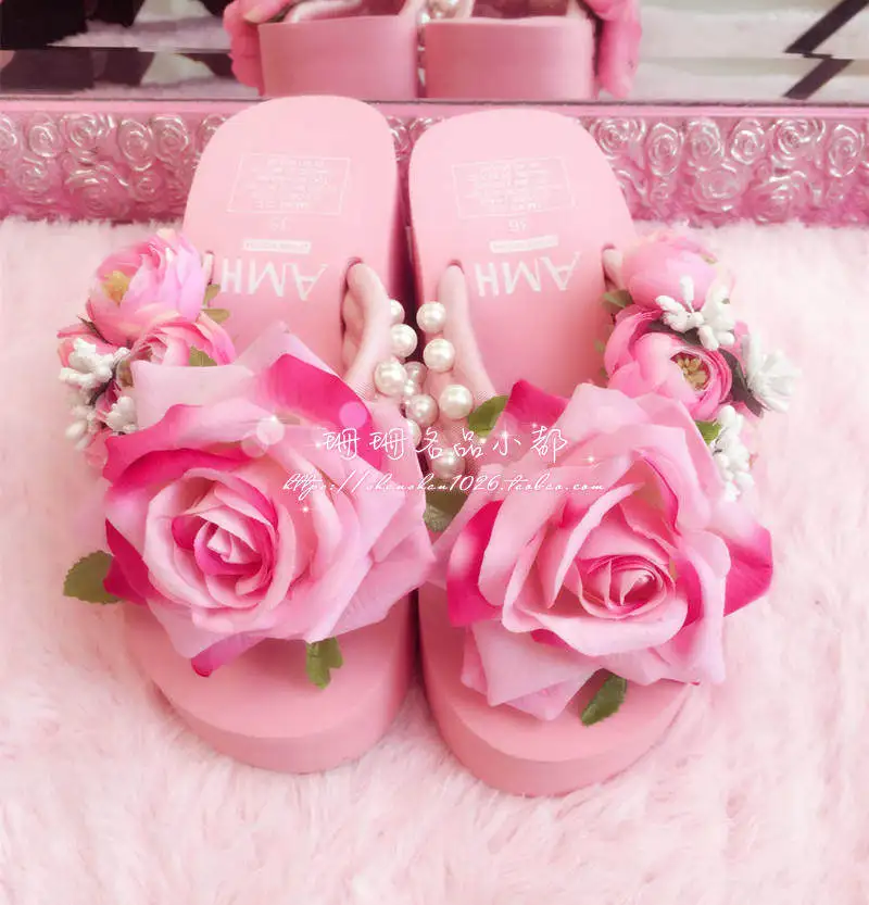 

Japanese Original Handmade Ji Lolita Rose Thick-bottomed Lip-flops Female Summer Nail Beads Bud Sweet Wedge Slippers for Women