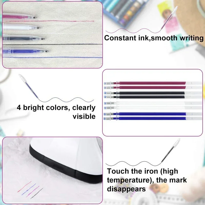 102Pcs Heat‑Disappearing Gel Pen Refills, Erasable Fabric Marker for Dressmaking, PU Leather and Sewing Work