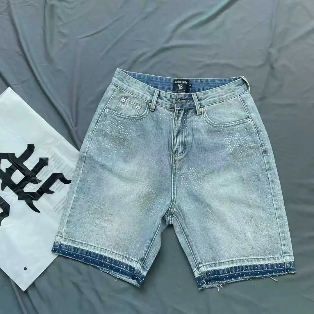 

2025 Mixed Emotion Rhinestone Jeans Loose Cropped Pants Casual light blue Men Denim Shorts