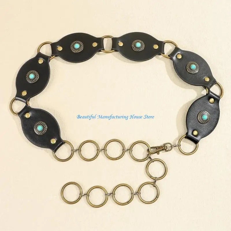 

E56A Round Buckle Belt for Jeans Pants Turquoise Studded Corset PU Leather Belt for Dress Shorts Women Girl Waist Accessory