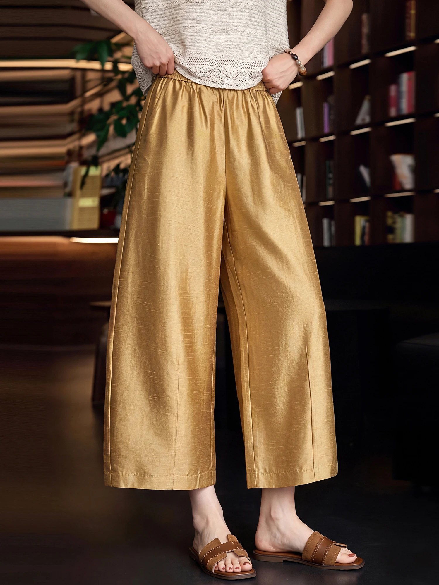 Silk-Like Matte Pants Elastic Waist Wide Leg Pants Casual Style Pure Color Pocket Detail Polyester Fiber Skin-Friendly Breath...