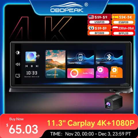 K2 Pro Dash Cam 11,3 "cámara de visión trasera 4K 2160P DVR Carplay y Android Auto GPS navegación grabadora de vídeo tablero 5G WiFi AUX