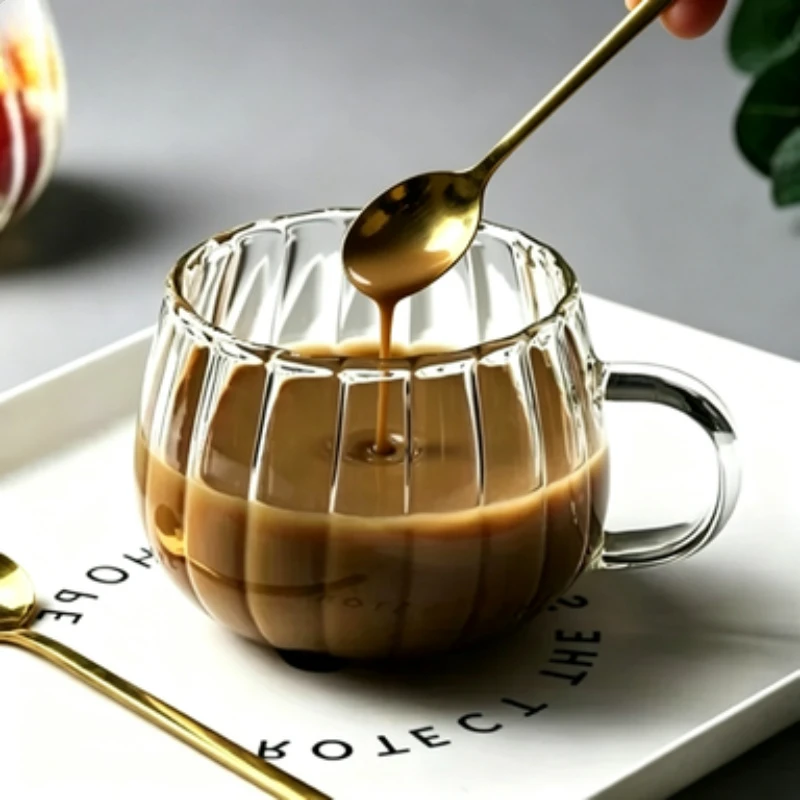 

Tropical Handle Striped Glass Cup with Pumpkin Pattern Cute Milk Mug for Breakfast Office Home Beverage And Coffee