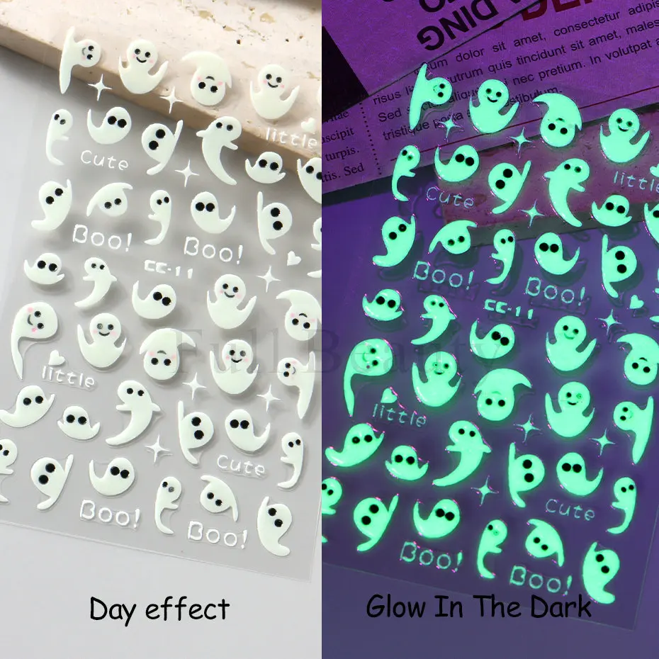 3D Luminous Nail Stickers Decals Ghost Spider Web Halloween Self-adhesive Sliders Glowing in the Dark Glitter Nail Tips Decor