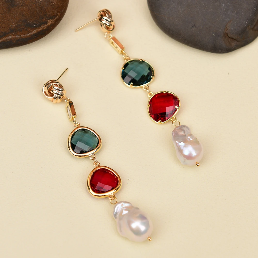 GG Freshwater Cultured White Baroque Pearl Golden Red Blue Crystal Dangle Earrings CZ zircon Chain Hook Lady Party Jewelry Gifts