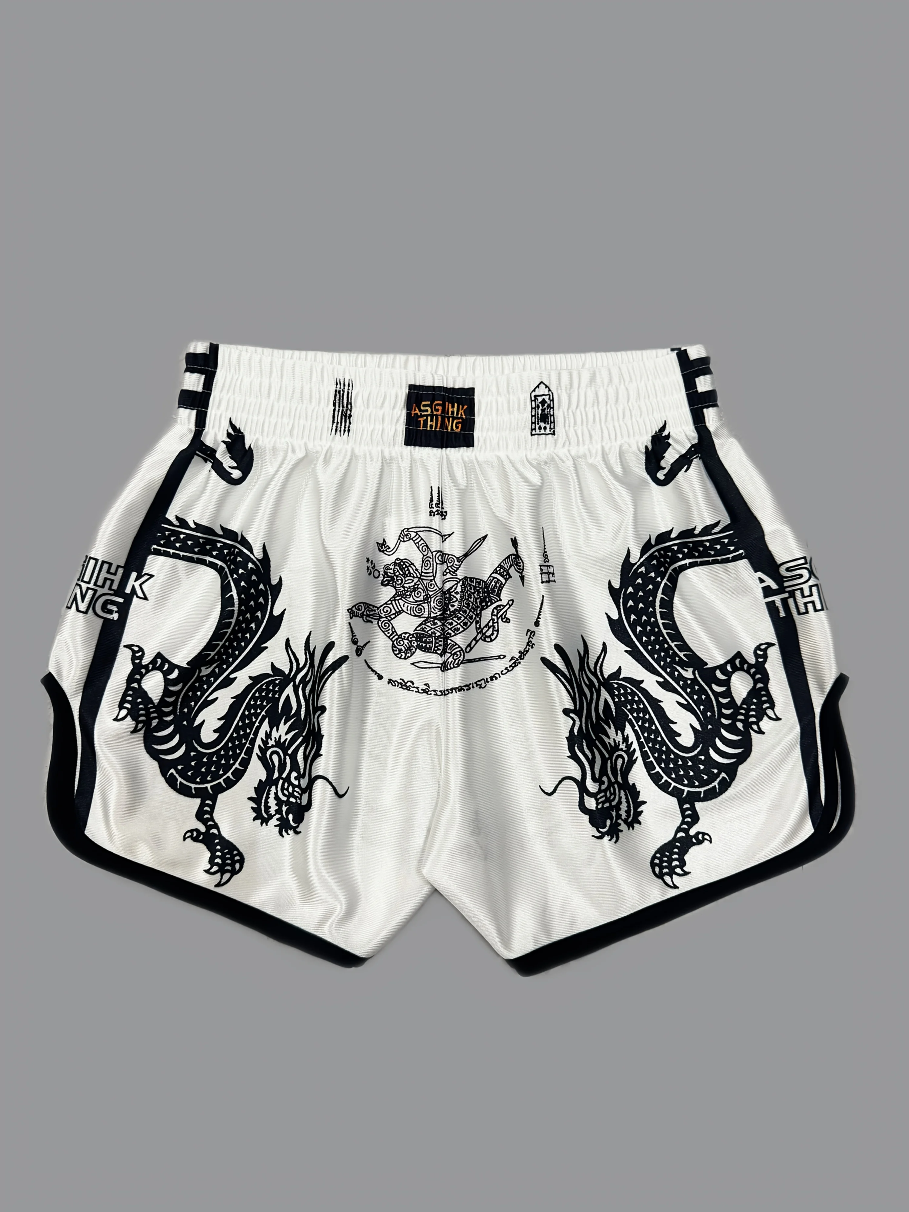 

Летняя одежда, белая с черными полосками и декоративными акцентами, молодежная спортивная одежда | Шорты с принтом дракона | Неэластичный материал