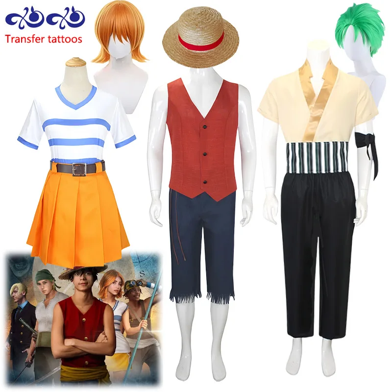 

Movies Luffy Zoro Nami Cosplay Costumes Luffy Zoro Uniform Nami Dress Wig Transfer Tattoos Halloween Party for Women Men Comic