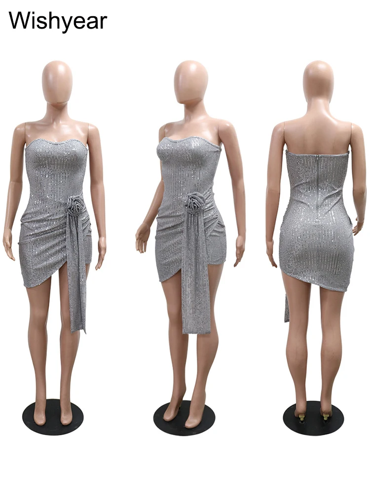 Nowe srebrzyste 3D kwiatowe cekiny Bodycon urodziny Mini sukienka kobieta seksowna Off ramię bez rękawów Backless wąskie suknie wieczorowe