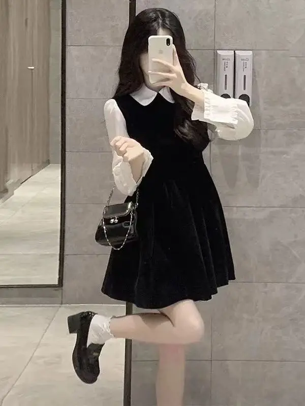 

Elegant Hepburn Style Little Black Dress Long Sleeve Doll Collar Women's Dress City Commute French Style High Waist A-Line Skirt