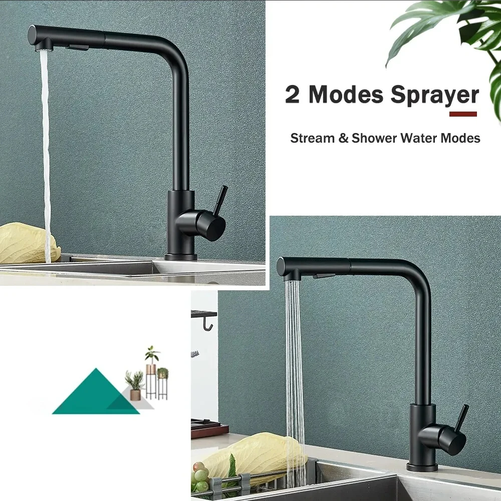 أسود سحب بالوعة المطبخ صنبور مرنة 2 طرق تيار و فوهة البخاخ الحنفيات الفولاذ المقاوم للصدأ الساخن الباردة صنبور حوض خلاط سطح السفينة #4