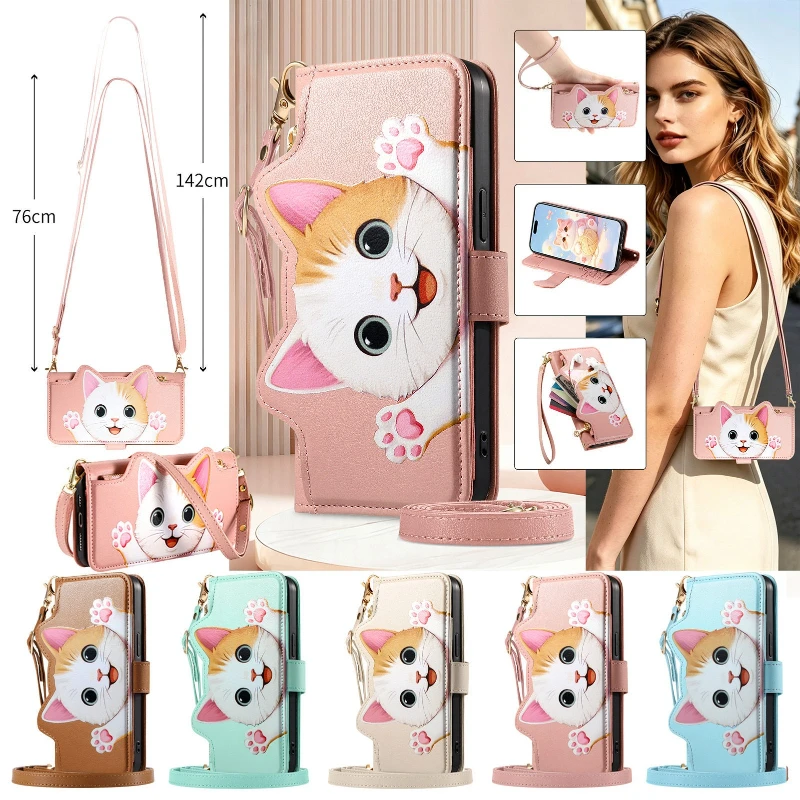 Katzen-Lederhülle mit Kartenhalter für Samsung Galaxy S27 S26 S25 S24 S23 Plus Ultra FE Edge Crossbody Wallet Niedliche Handyhüllen