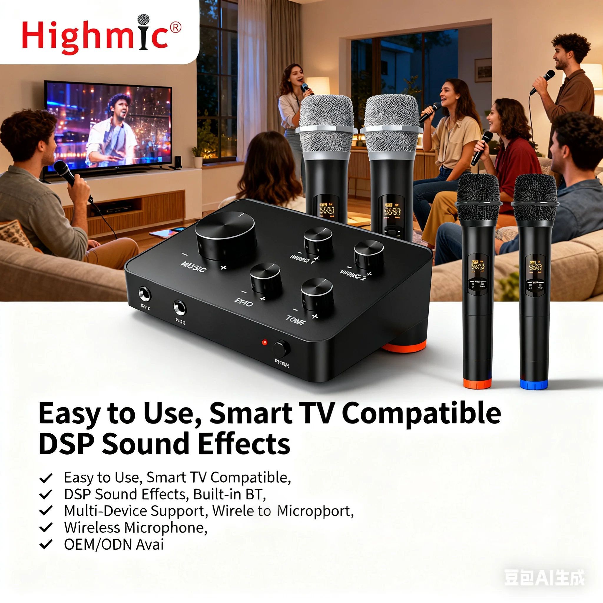 Smart TV Karaoke Mixer with Wireless UHF Handheld Microphones for PC Sound Bar - Home Entertainment Audio System