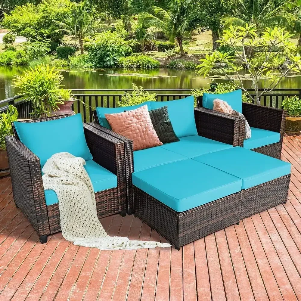 Turquoise 5-Piece Outdoor Wicker Furniture Set with Loveseat, 2 Chairs, 2 Ottomans, and Cushions