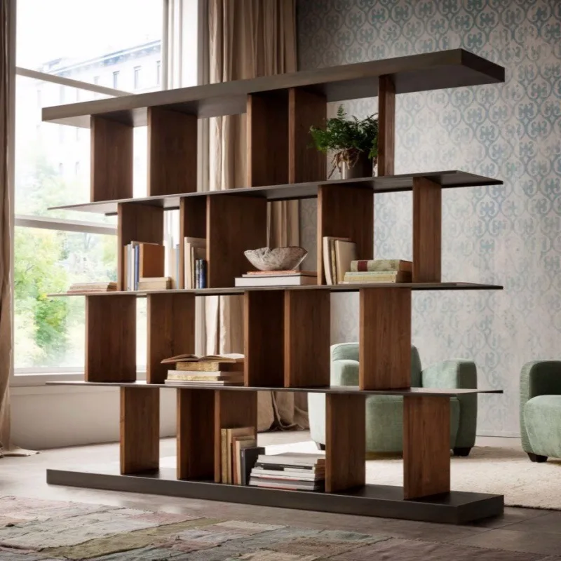 Bookshelf log color bookcase, floor solid wood partition shelf