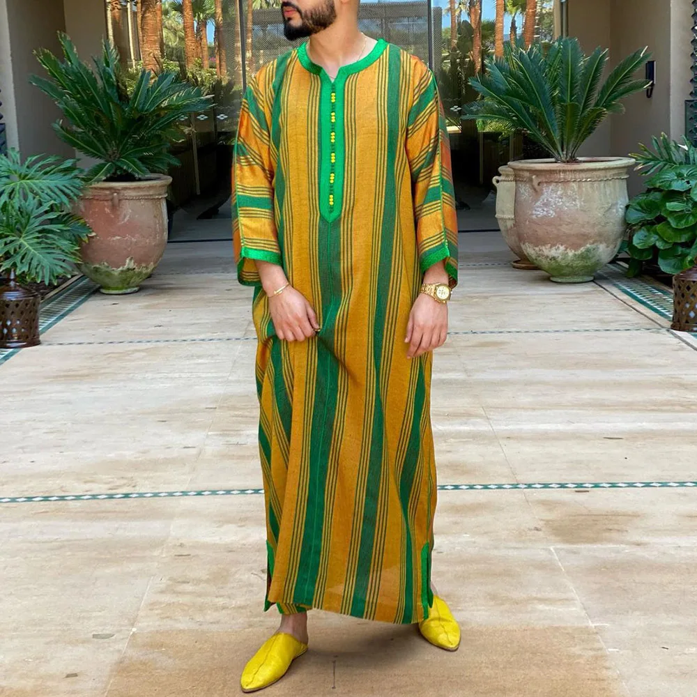 Eid Muslim Mens Long Sleeve Thobe Middle East Saudi Arabia Islamic Morocco 2024 Summer Dubai Abaya Striped Print Pattern Robe