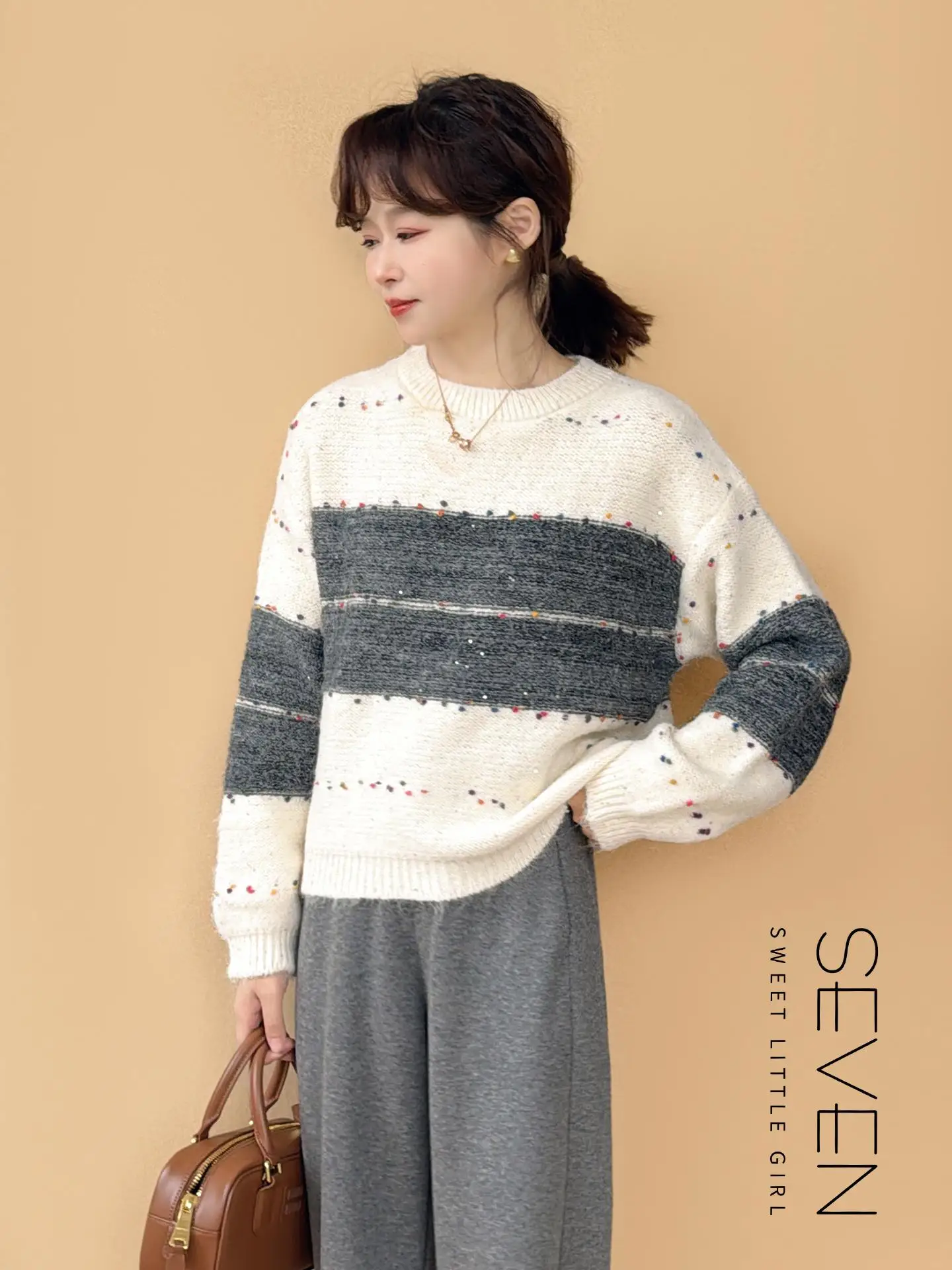 

Свободный женский вязаный свитер, шерстяной цвет, бусина, осень-зима, теплый топ, корейский, для поездок на работу, длиной Sle ort