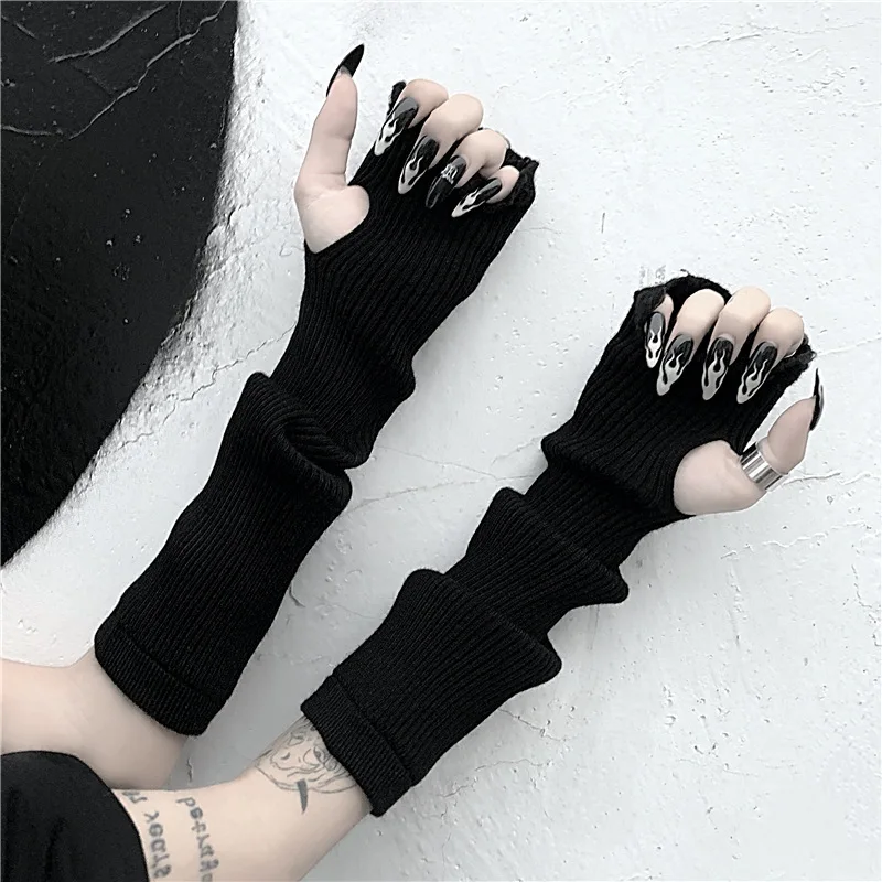 Y2k Fingless Gloves Hiphop Techwear Accessories Harajuku Emo Anime Scene Gloves Gothic Knit Arm Warmers Satan Cross Mitten Elbow