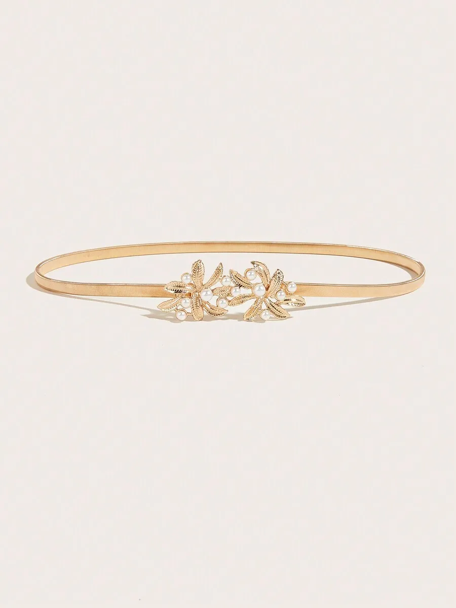 1pc Women's Gold-Tone Spring Floral Buckle Waist Belt With Faux Pearl Beading, Suitable For Everyday Dress Up Elegant Summer,