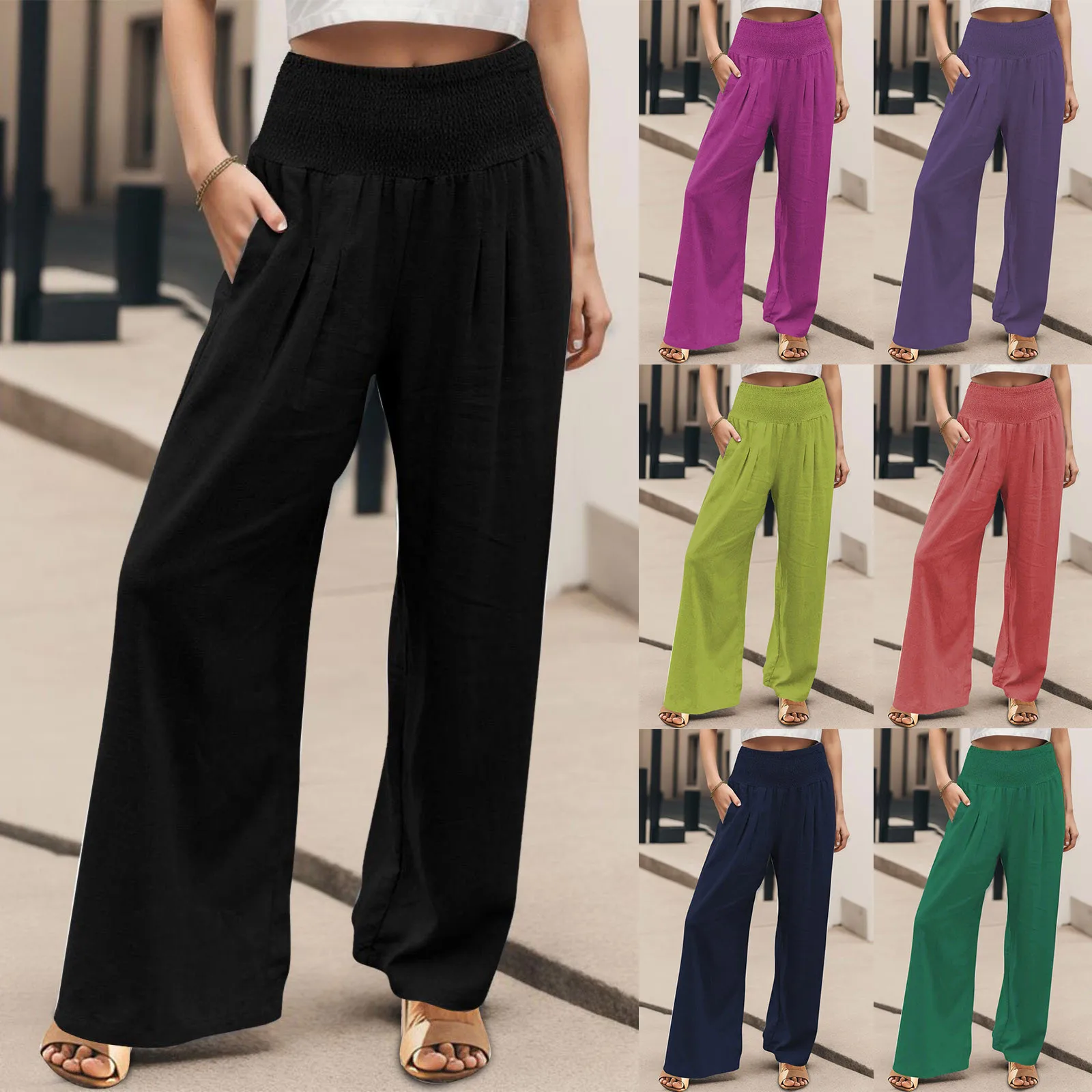 

2024 New Spring Summer for Women Pants Office Lady Cotton Linen Pockets Solid Loose Casual White Wide Leg Long Trousers