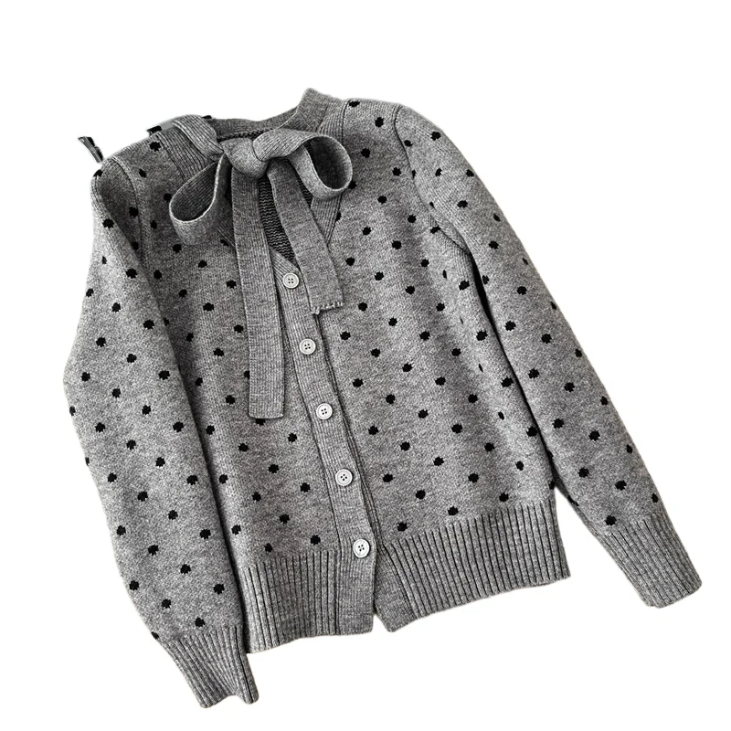 

Темпераментный серый свитер в горошек с бантом на шнуровке, однобортный вязаный кардиган, пальто, женский весенне-осенний топ с v-образным вырезом и длинными рукавами