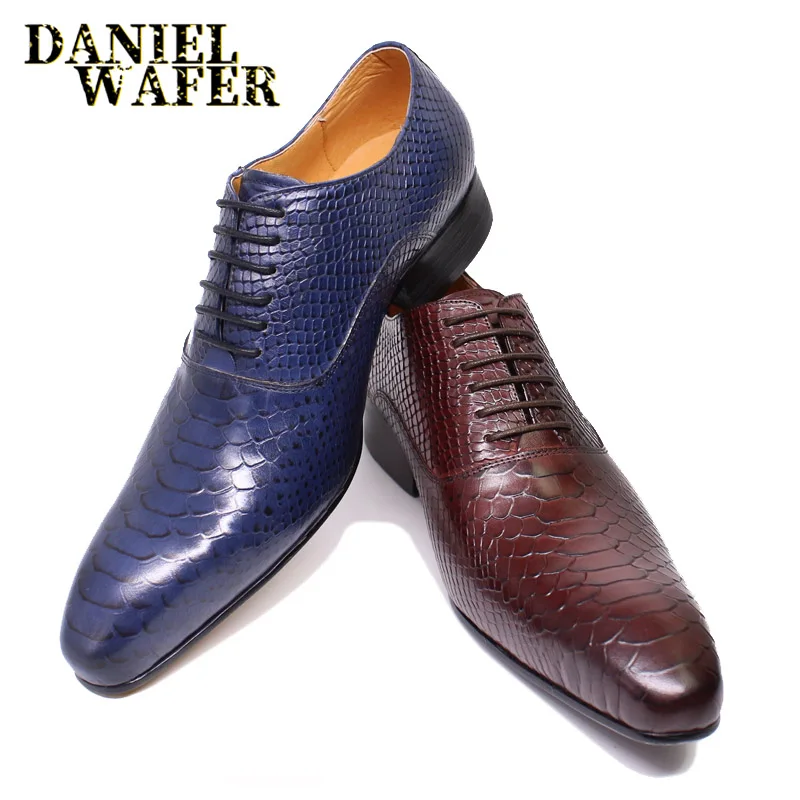 Luxury Men Leather Shoes Snake Skin Print Business Dress Formal Classic Style Burgundy Blue Pointed Toe Lace Up Oxford Shoes Men