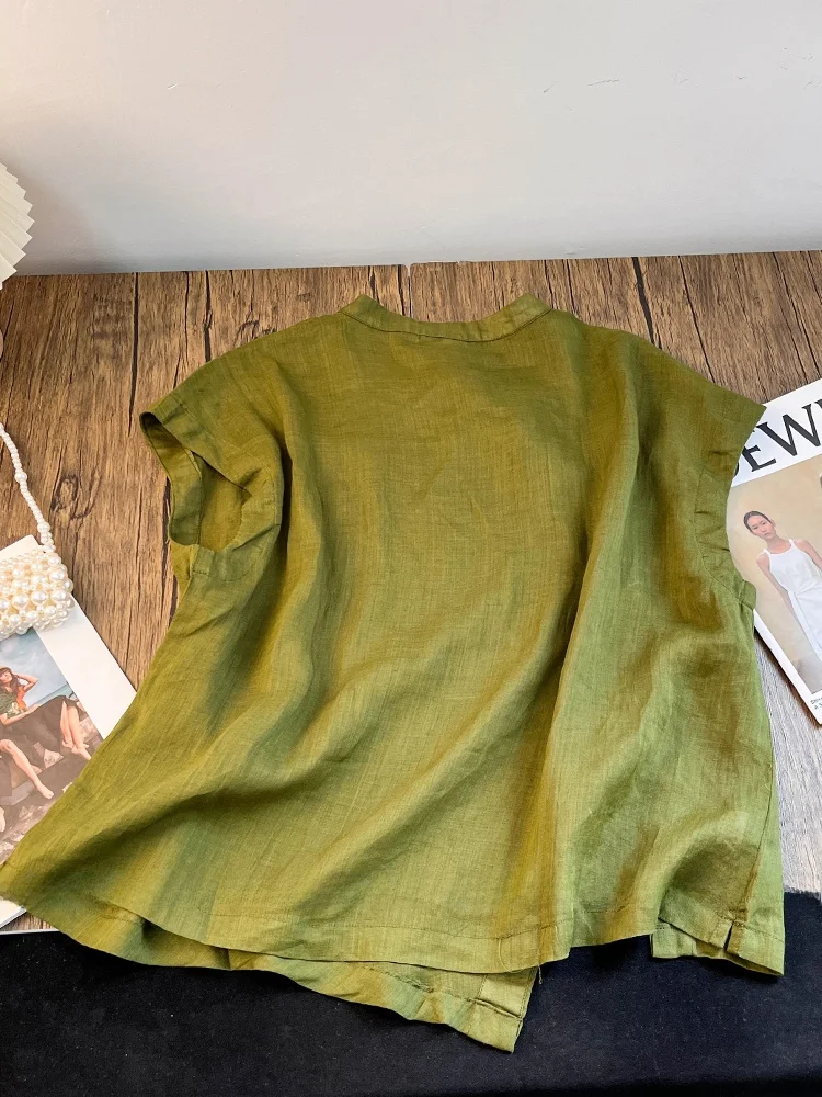 جديد الصينية Sle المرأة الكتان irt الصيف خمر الوطنية Sle غير المتكافئة هملين تحسين أعلى زر التفاصيل #5