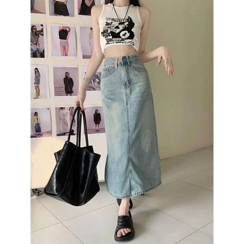 150cm Petite girls Pocket Embroidered Split Denim Skirt Women High Waist A-line Wrap buttocks Mid length version XS Appear High