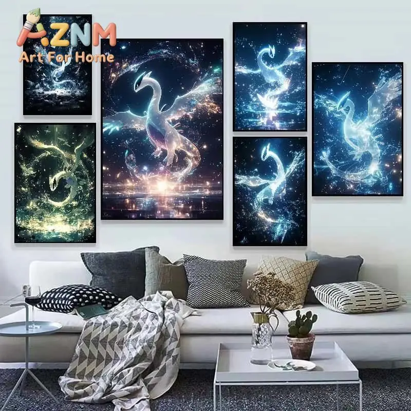 AZNM Pokemon Lugia Galaxy Light Effect Canvas Wall Art Anime Print Poster Legendary Pocket Monster Picture for Living Room Decor