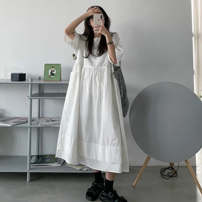 Dress Women Hot Sale Lovely College Style Korean Chic Teens White Design Holiday Summer Short Sleeve Vestidos Feminine Cozy Ins