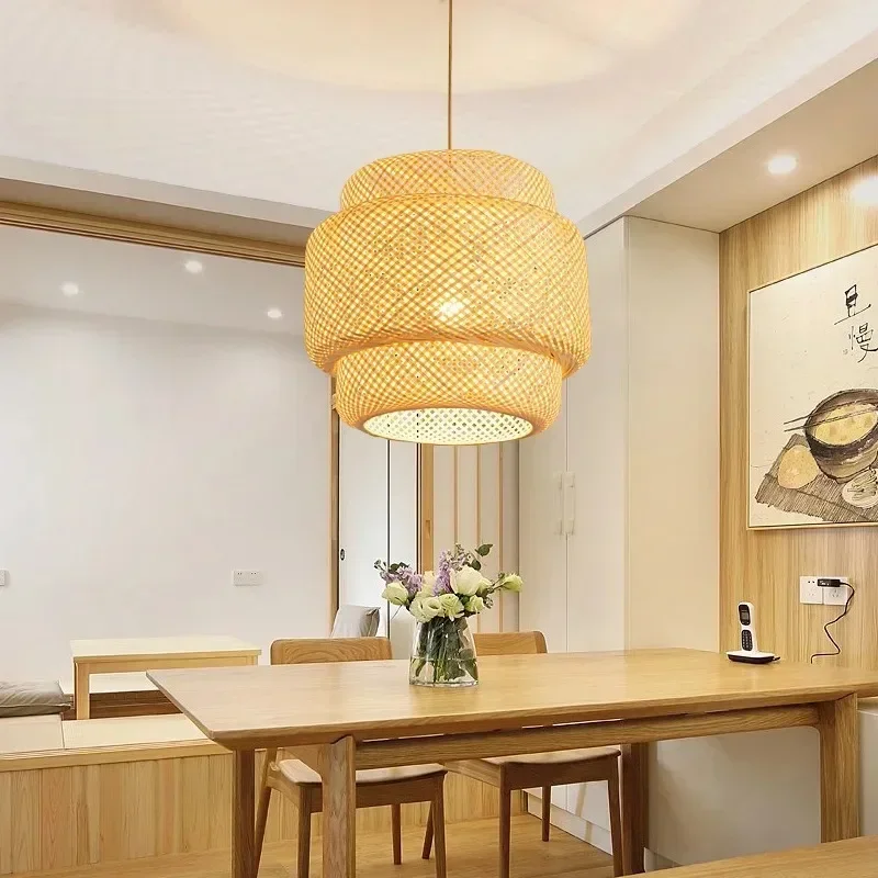 Bamboo Lantern Pendent Light Fixture Natural Rattan Wicker E27 Bulb Chandeliers Pendent Lamp Restaurant Home Decorative Lighting