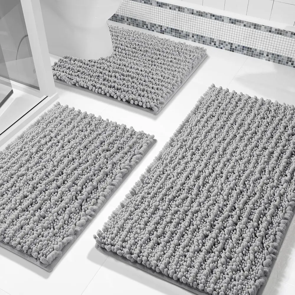 

Bathroom Rug Set 3 Piece - Super Absorbent Quick Dry Chenille Bath Mats & Toilet Rug, Non Slip hine Washable, Extra Thick Shaggy