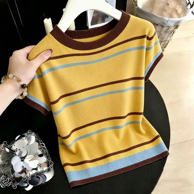 Pullover Sommer Neu Kurzarm Strickpullover Damen Pullover O-Ausschnitt Gestreifter Strickpullover Damen Oberteile Strickwaren Q3998