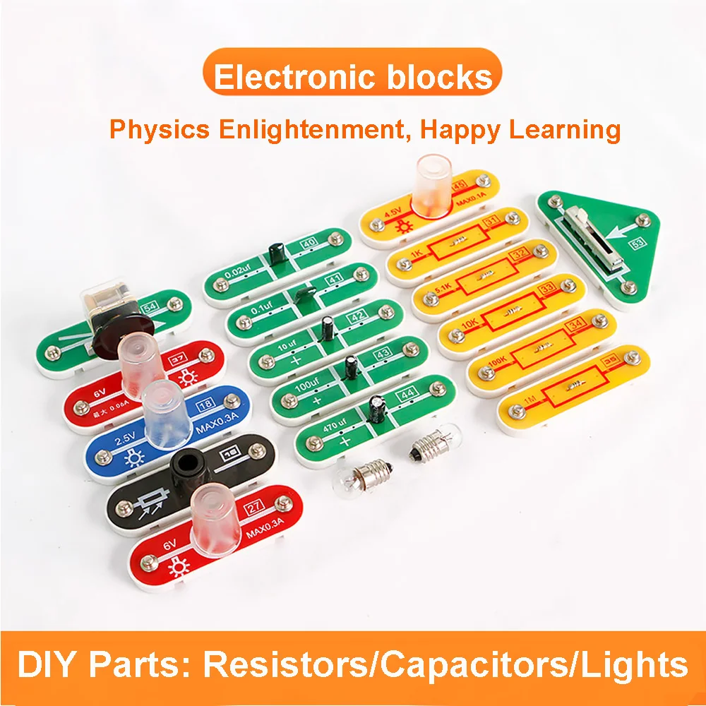 子供用電子回路部品、抵抗器、コンデンサ、電気ランプ、実験材料、科学キット