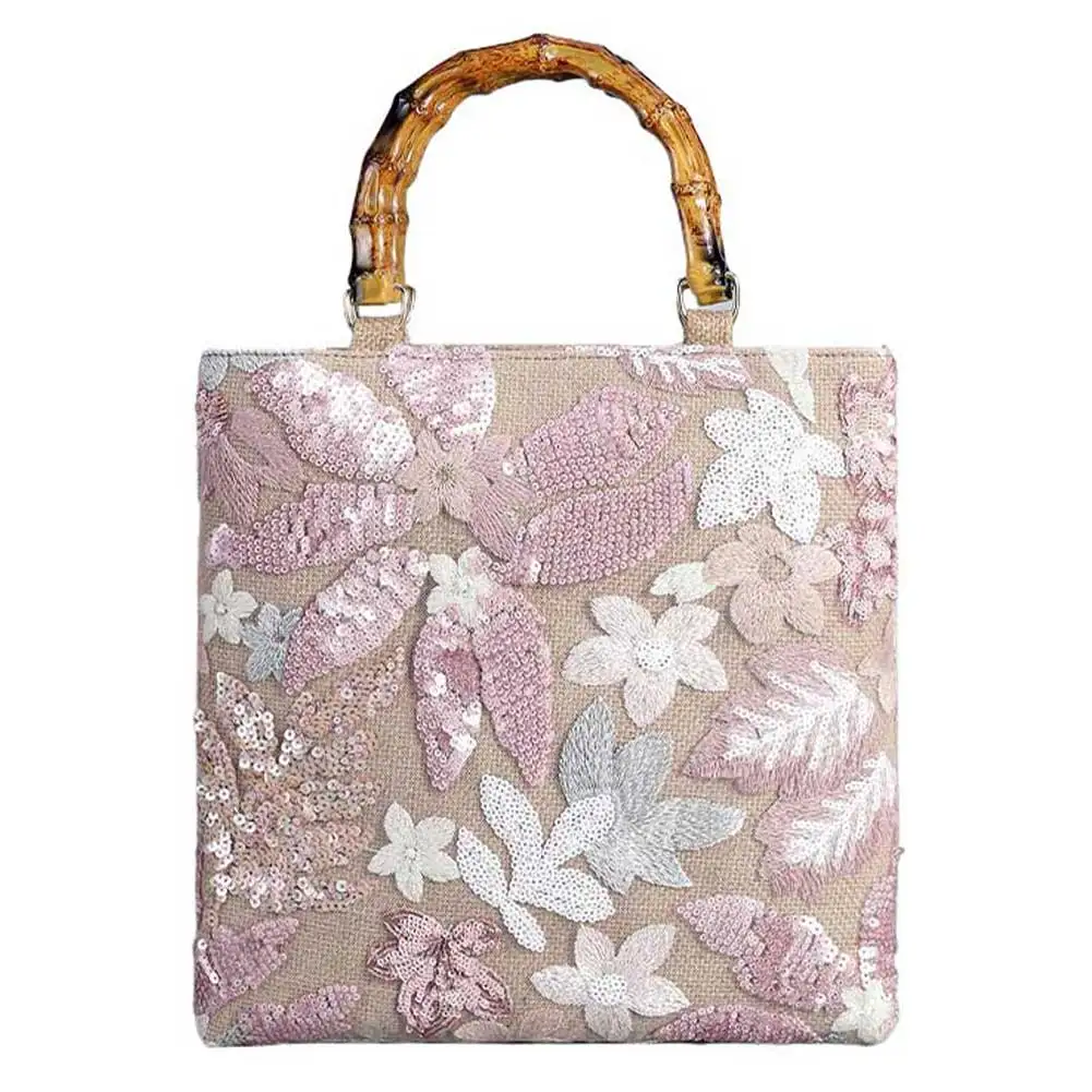 

Сумка с цветочной вышивкой и блестками, бамбуковая ручка, летняя пляжная сумка, винтажный кошелек-шоппер для женщин, работы, покупок, путешествий
