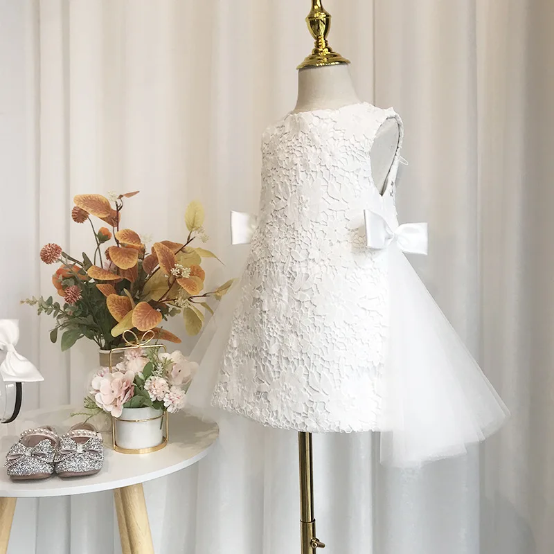 Vestido de encaje blanco para niña, tutú de princesa con lazo, vestido de flores para boda, vestido de baile sin mangas para bebé, vestido de fiesta de cumpleaños infantil