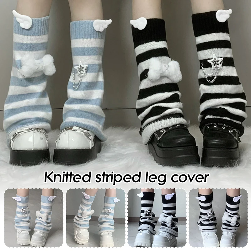 

2025 Women Gothic Lolita Striped Leg Warmer Harajuku Y2k Girls Punk Black Blue Wing Plush Bones Knitted Leg Cover Streetwear