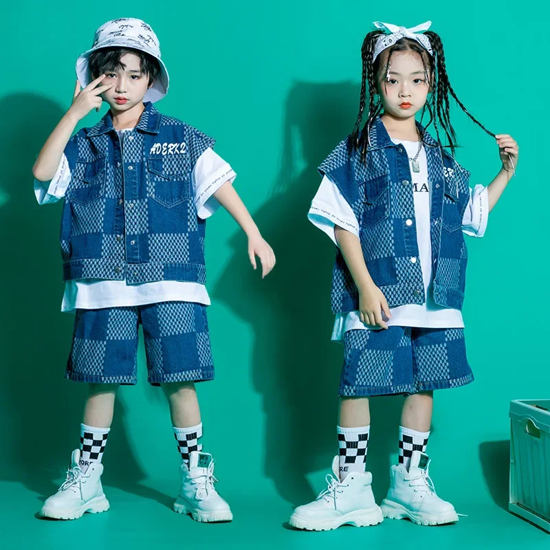 Checkered Sleeveless Jacket Denim Vest Top Summer Jeans Shorts Girl Boy Jazz Dance Costume Clothes Kid Kpop Hip Hop Clothing