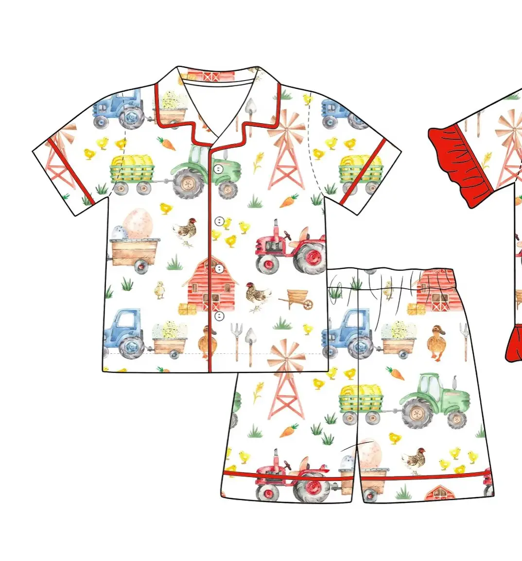 Summer Children Pajamas Outfit Boys Girls Short Sleeve Farm Animals Cartoon Balloon Shorts Set Custom Kids Clothing