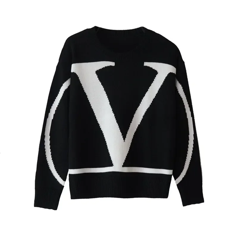 24 New Fashion Casual Warm Large V Letter Embroidered Sweater Round Neck Long Sleeve Loose Knitting Sweater T-shirt Top Pullover