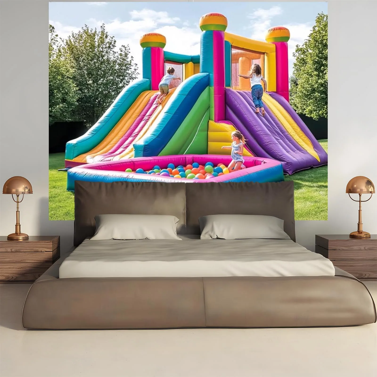 Lively Inflatable Playground Trampoline Tapestry Colorful Slide and Ball Pool Scene Birthday Party Photography Background Banner - view 3