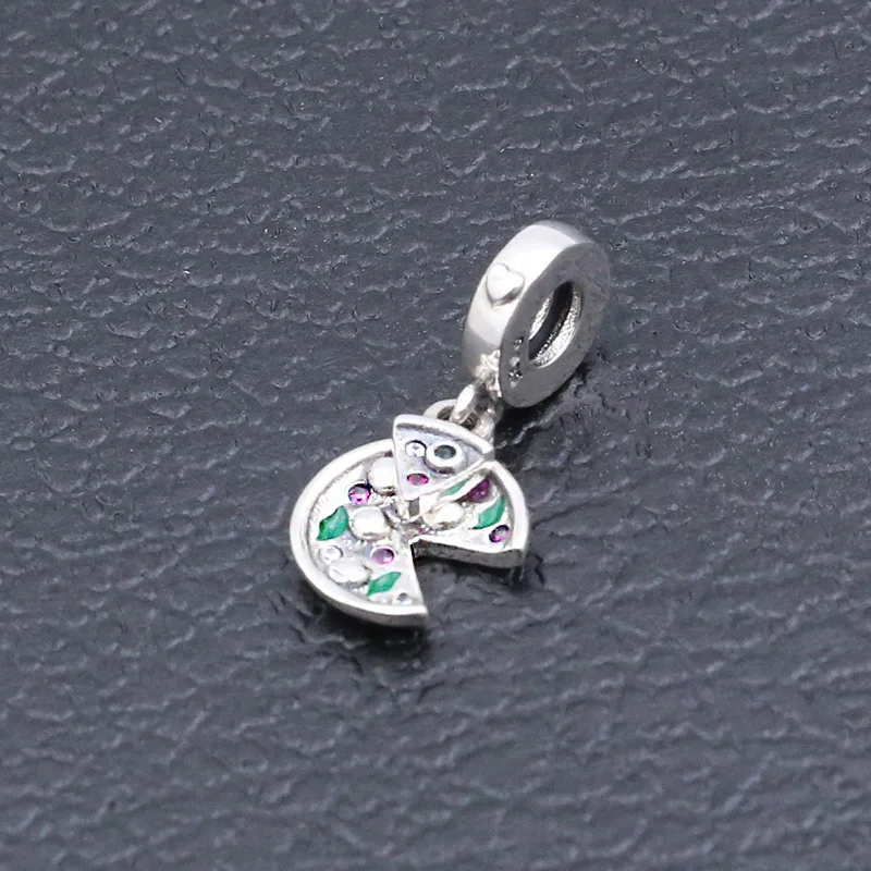 925 Sterling Silver Charm Green Enamel Passion For Pizza With Crystal Beads Fit pandora Bracelet & Necklace DIY Jewelry