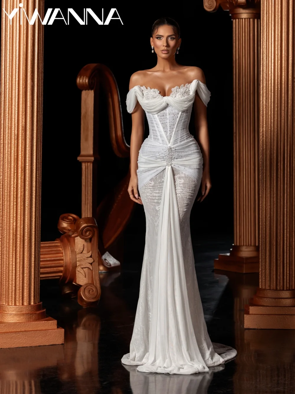 

Pleated Shiny Pearls Lace Wedding Dress Glamorous Off Shoulder Mermaid Bridal Gown Customized Sweetheart Neck Dresses For Bride