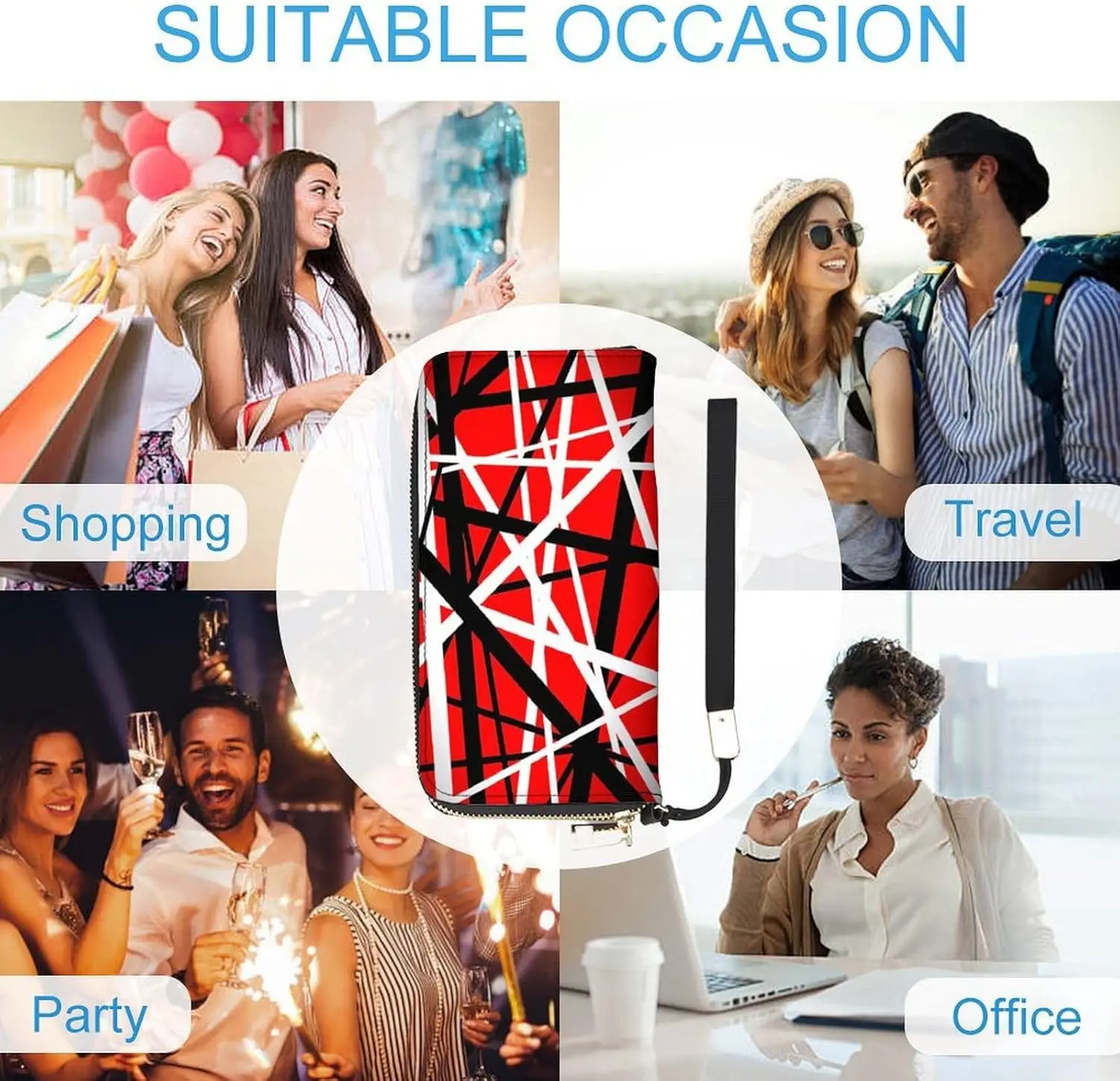 Van Rock Red White Black Stripes Halen Wallet Womens Men Leather Purse High Capacity Money Clips Zipper Card Wallets