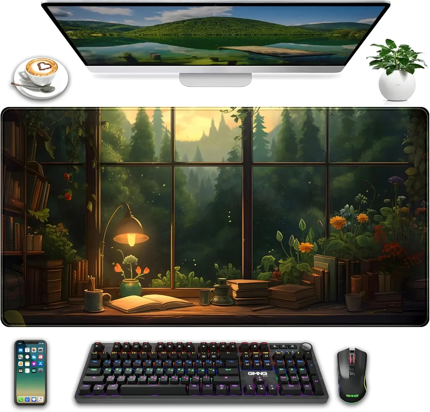 Anime dark green plant table mat cute large extended mouse pad game computer pc suitable for women office decoration accessories