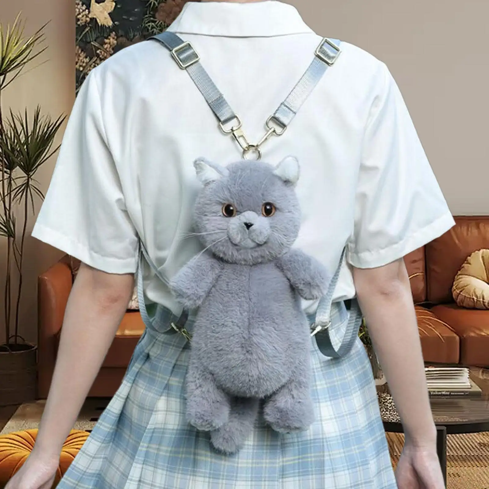 Plush Cat Backpack Funny Realistic Crossbody Bag Adjustable Straps Cartoon Daypack Stuffed Animal Toy for Women Outdoors