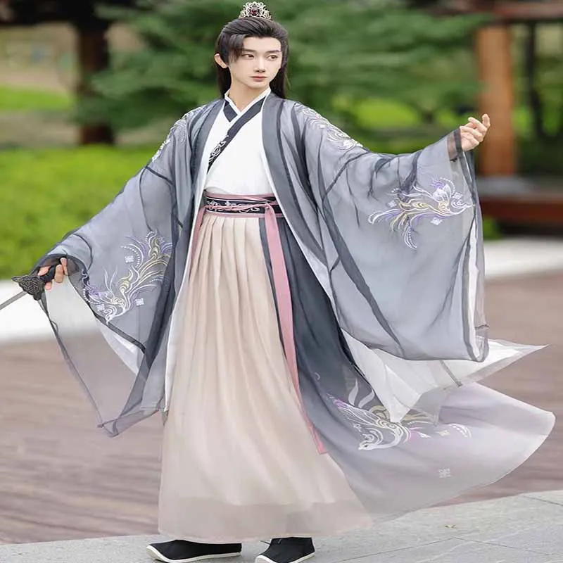 

Большой размер 3XL Hanfu, мужские коричневые и синие градиентные комплекты из 3 предметов, мужской карнавальный костюм на Хэллоуин, вечерние костюмы Hanfu, большие размеры 3XL